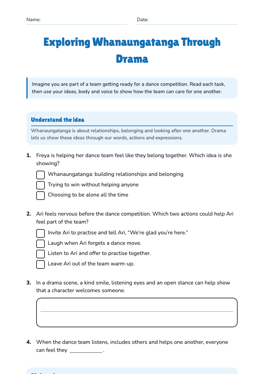 Exploring Whanaungatanga Through Drama worksheet preview
