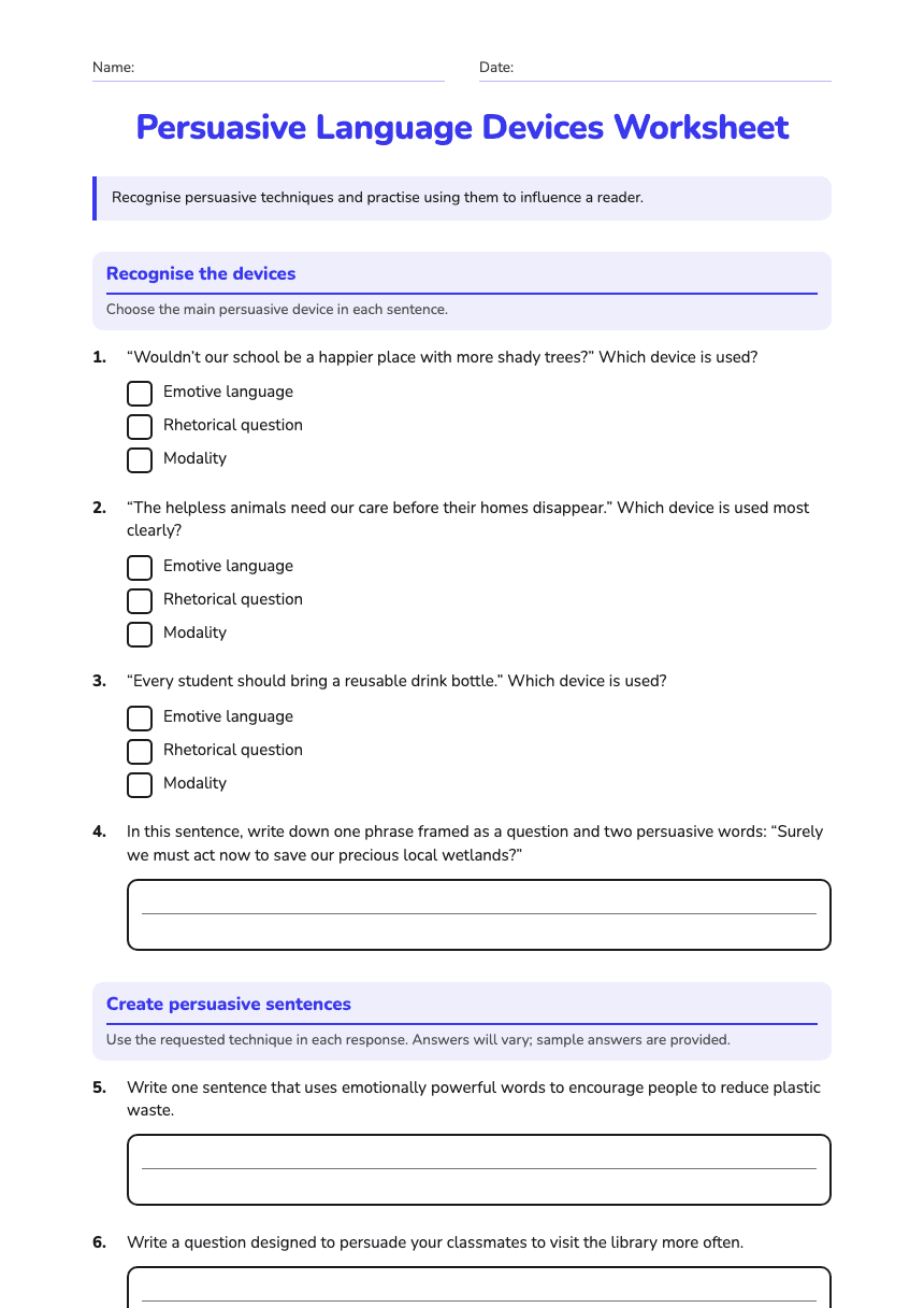 Persuasive Language Devices Worksheet worksheet preview