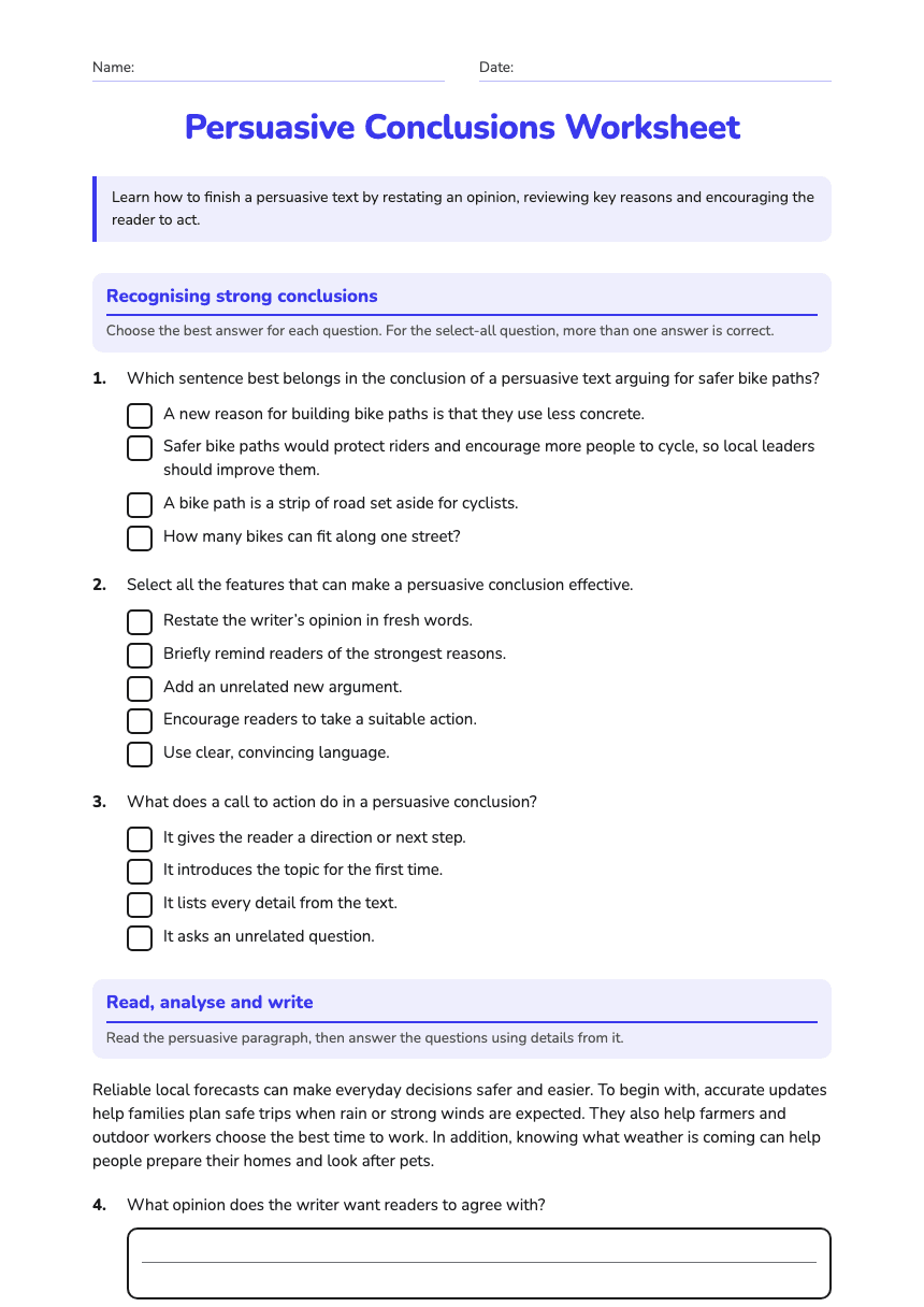 Persuasive Conclusions Worksheet worksheet preview