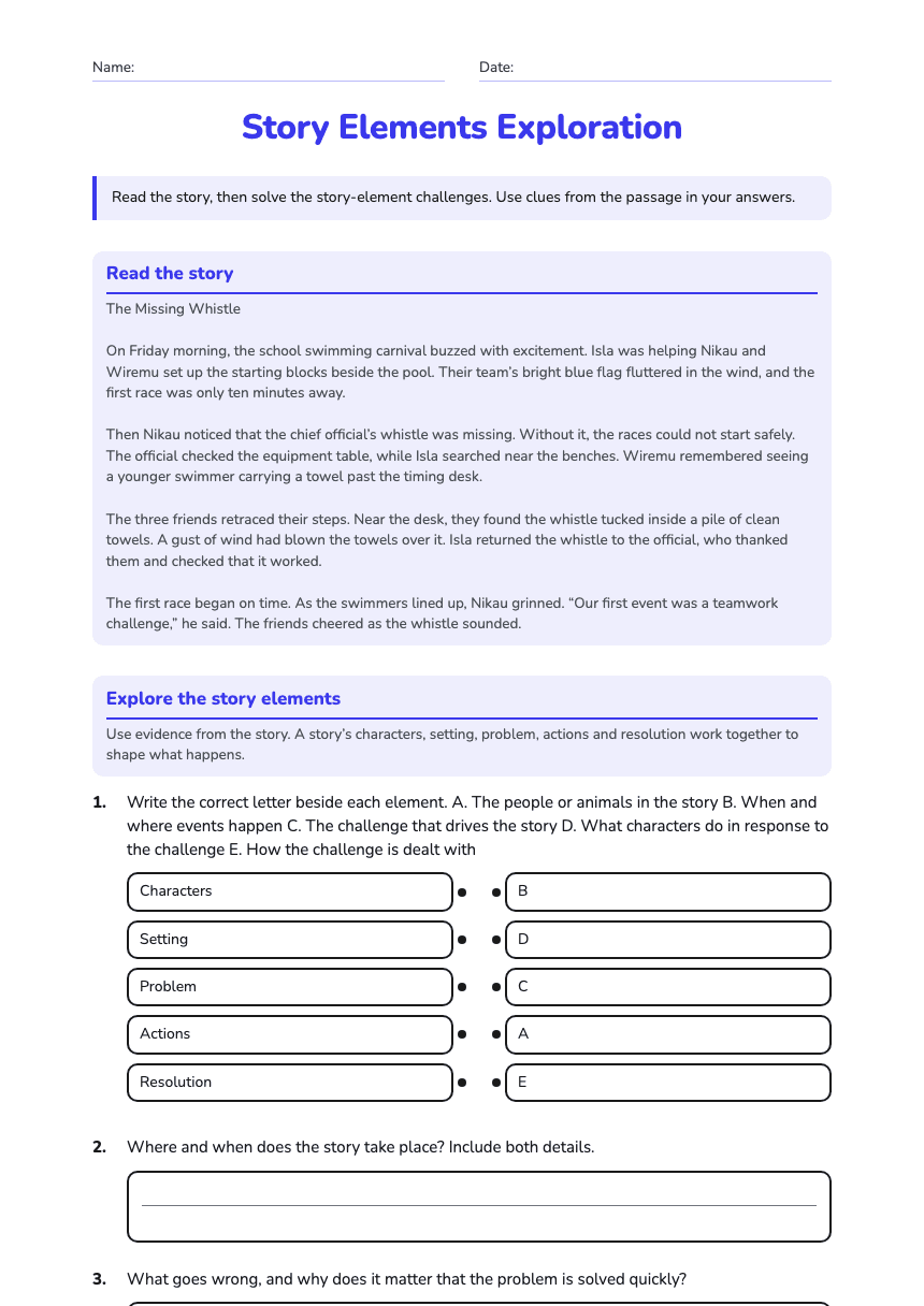 Story Elements Exploration worksheet preview