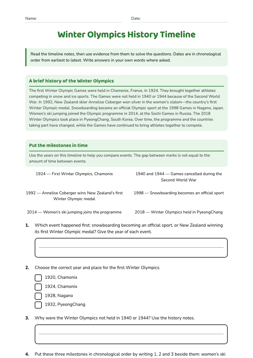 Winter Olympics History Timeline worksheet preview