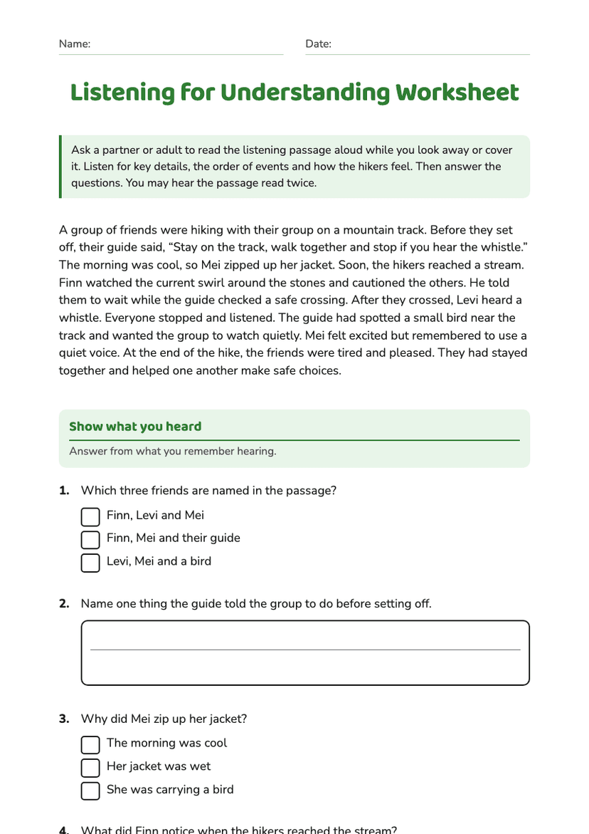 Listening for Understanding Worksheet