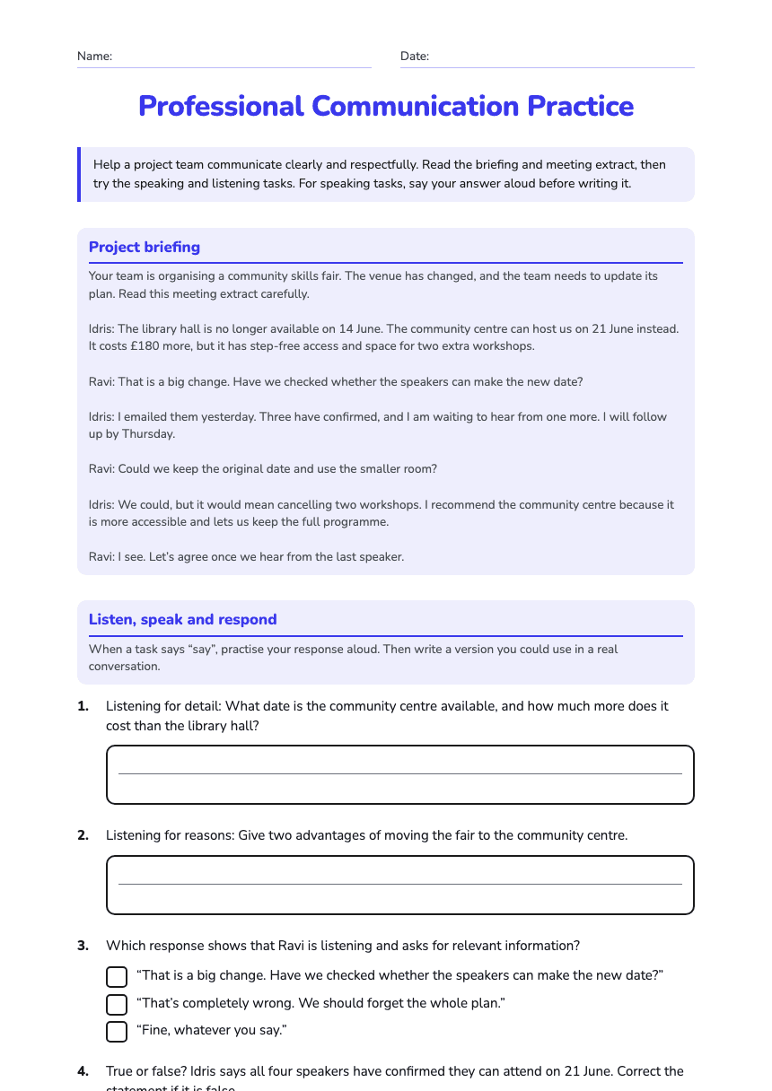 Professional Communication Practice worksheet preview