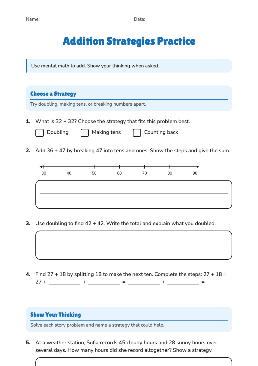 Addition Strategies Practice worksheet preview
