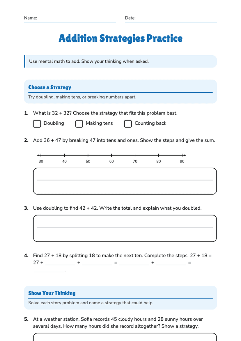 Addition Strategies Practice