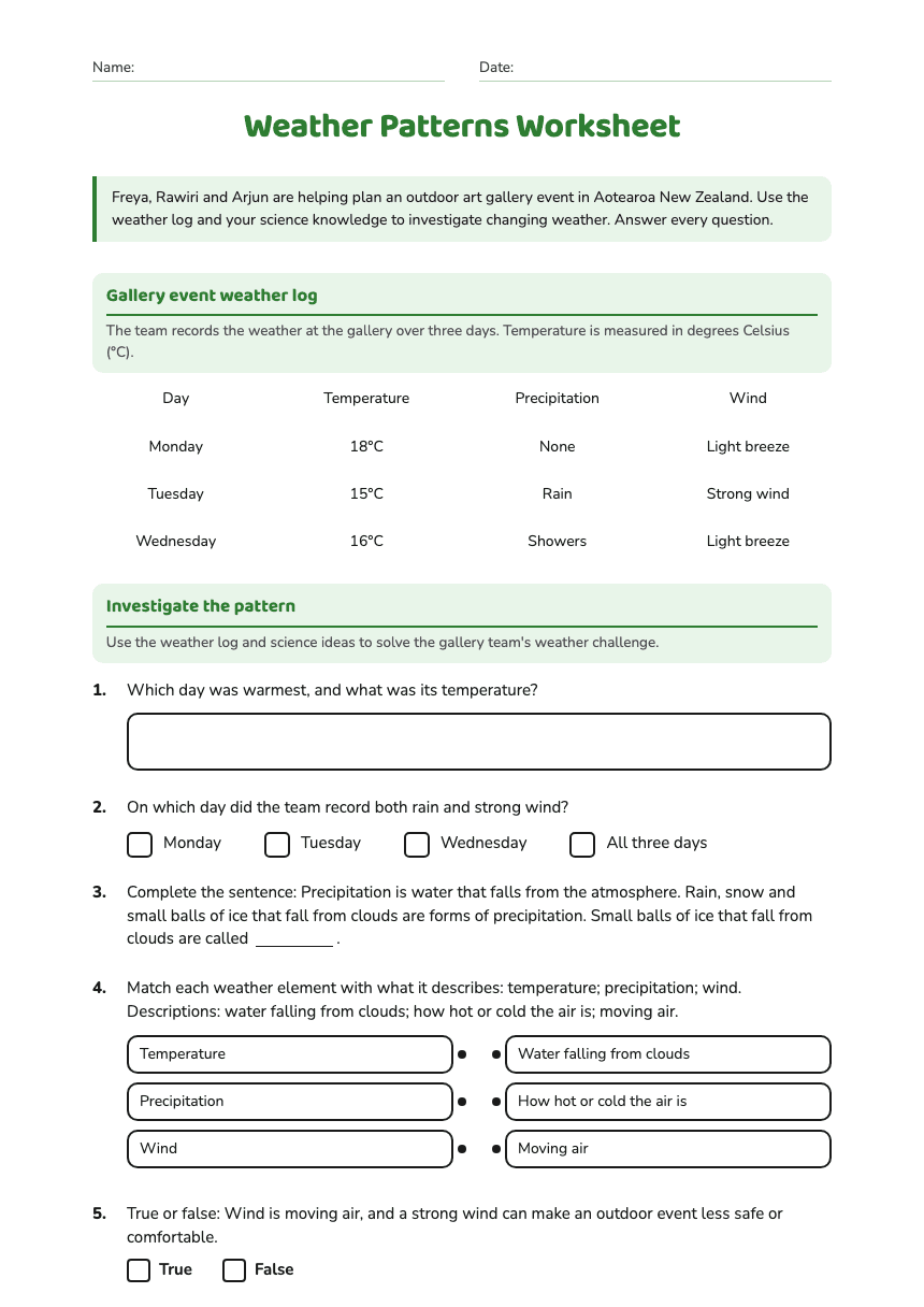 Weather Patterns Worksheet worksheet preview