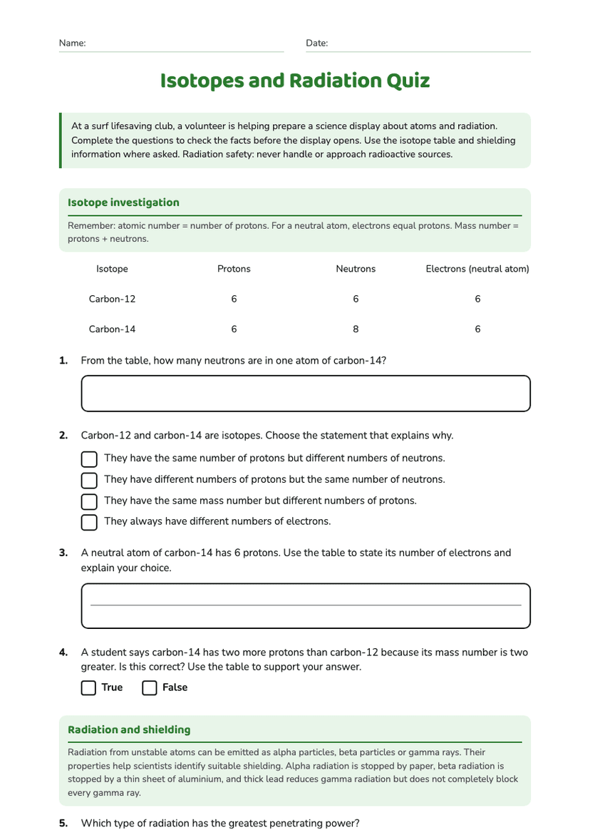 Isotopes and Radiation Quiz