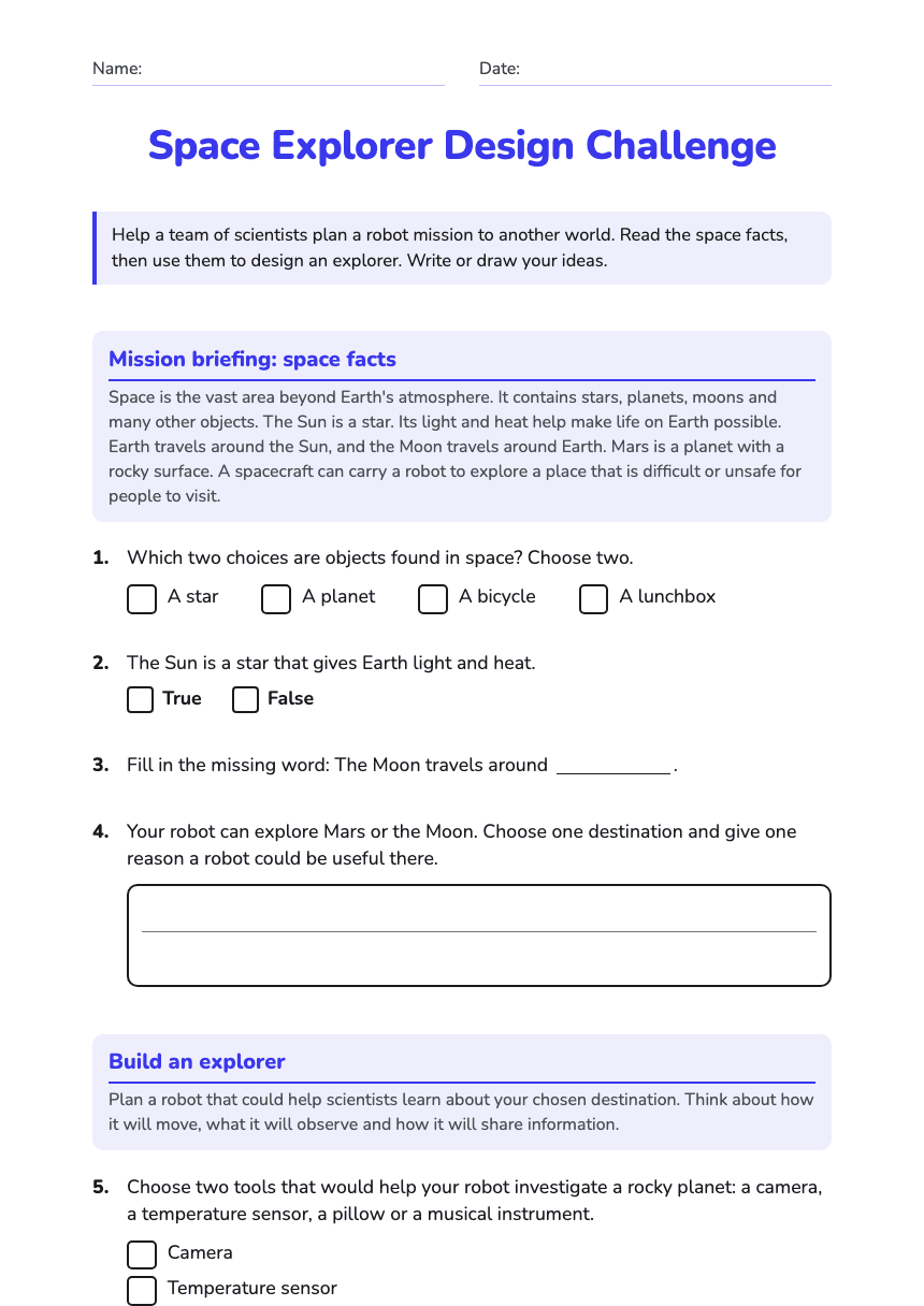 Space Explorer Design Challenge worksheet preview