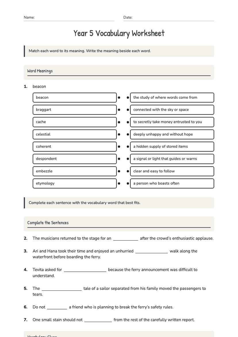 Year 5 Vocabulary Worksheet