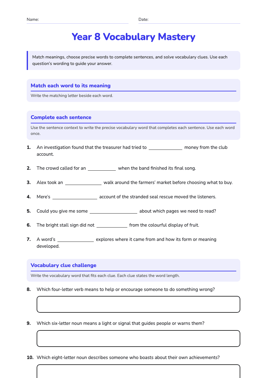 Year 8 Vocabulary Mastery worksheet preview