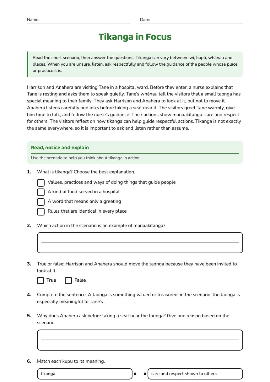 Tikanga in Focus worksheet preview