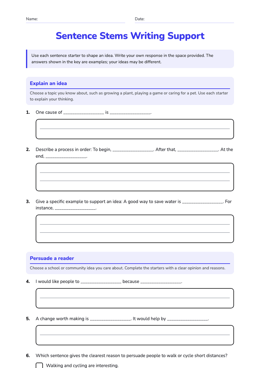 Sentence Stems Writing Support worksheet preview