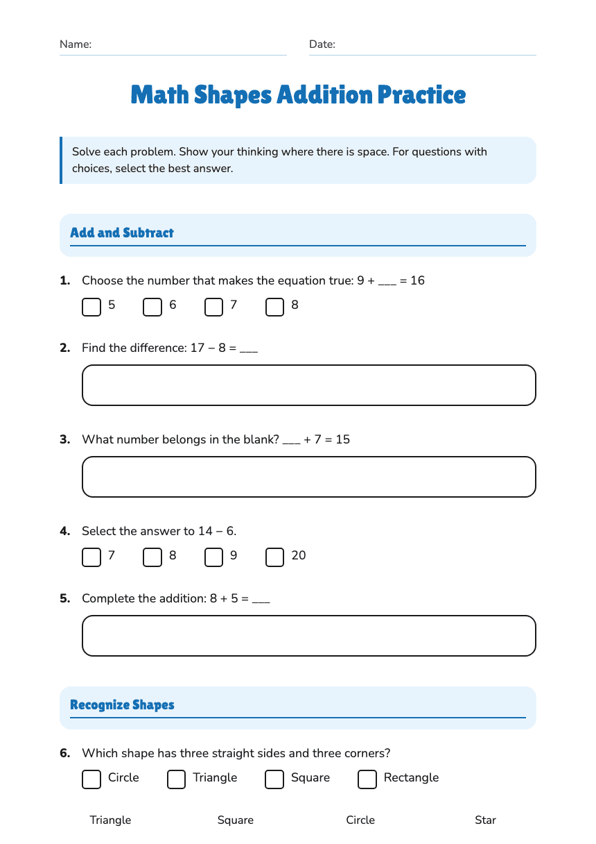 Math Shapes Addition Practice worksheet preview