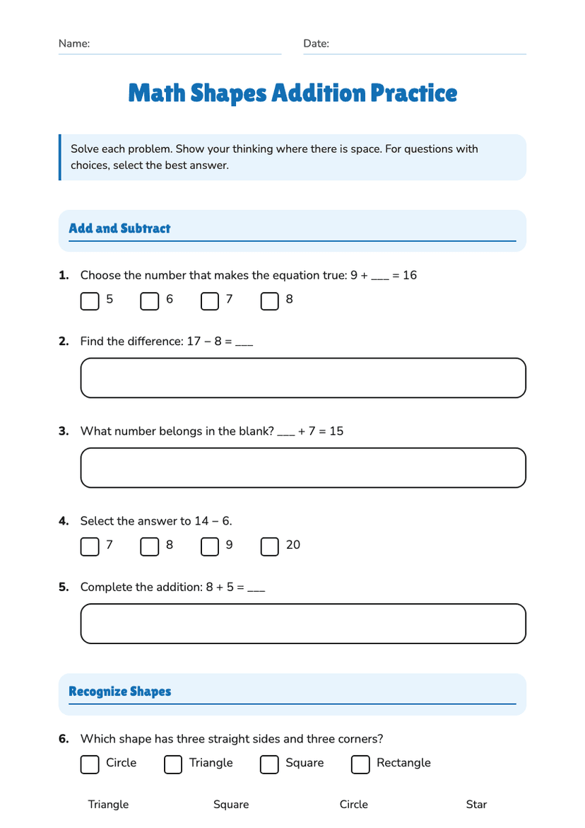 Math Shapes Addition Practice
