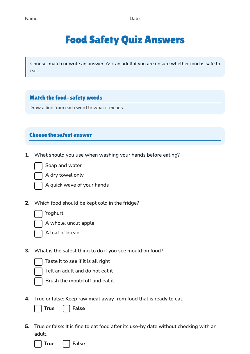 Food Safety Quiz Answers worksheet preview