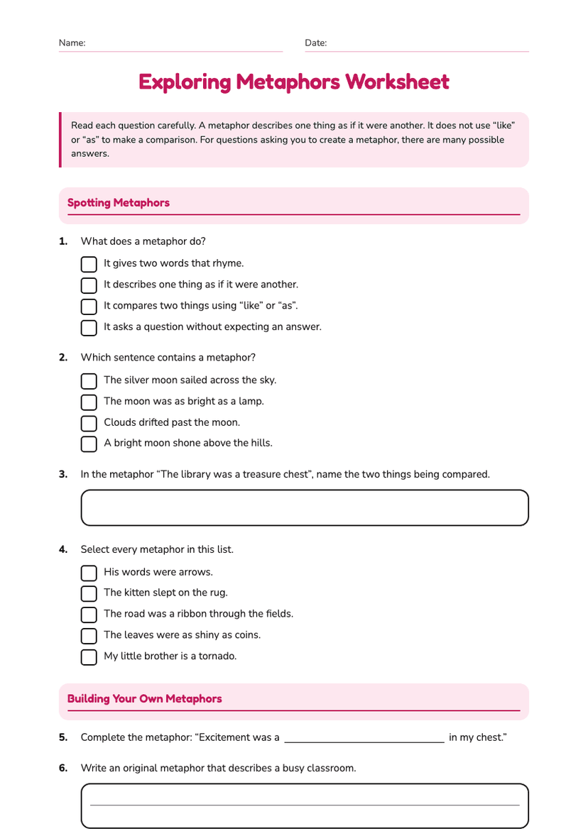 Exploring Metaphors Worksheet