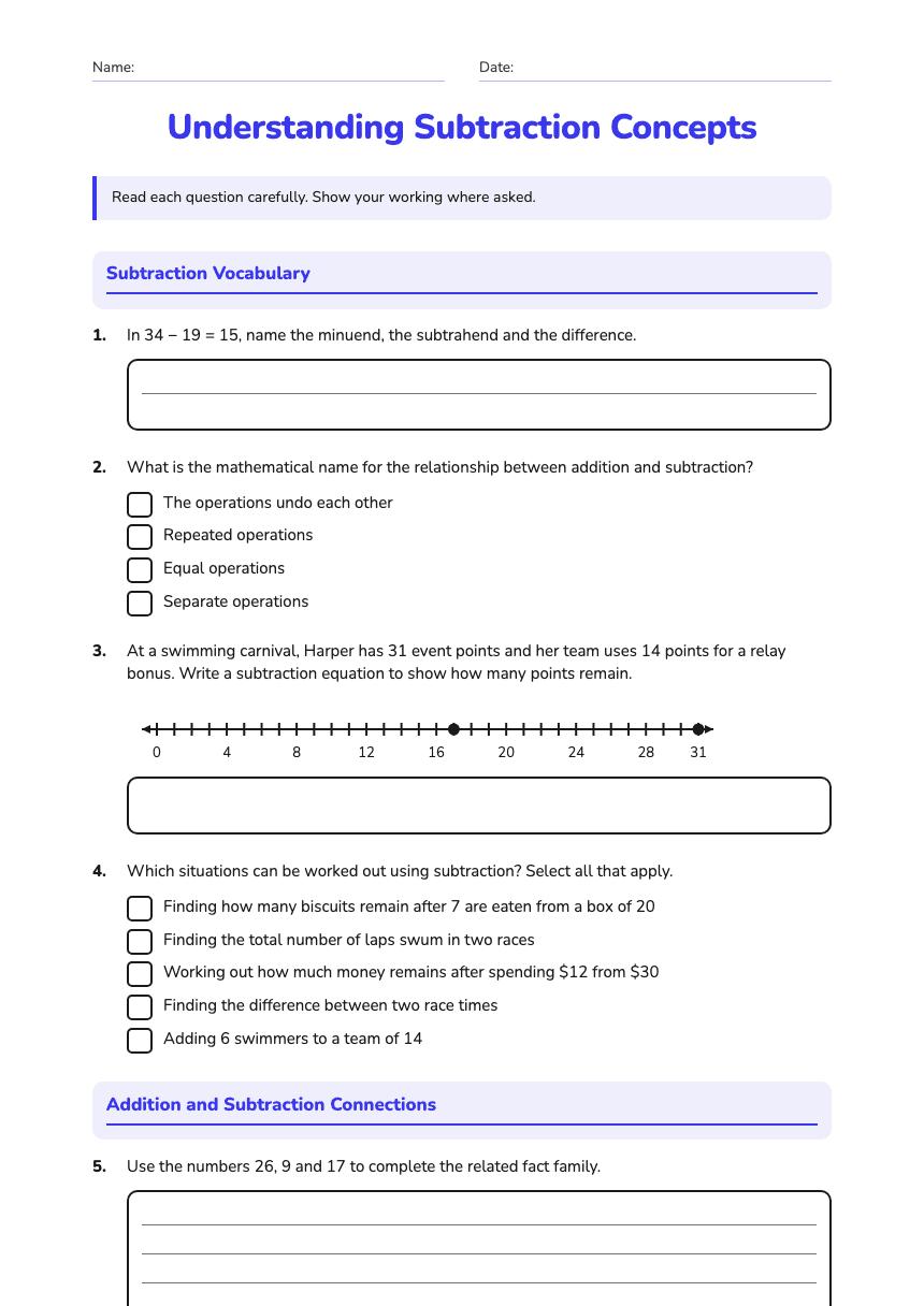 Understanding Subtraction Concepts worksheet preview