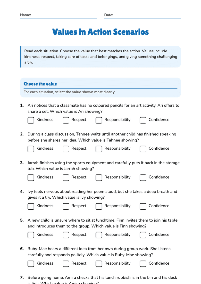 Values in Action Scenarios