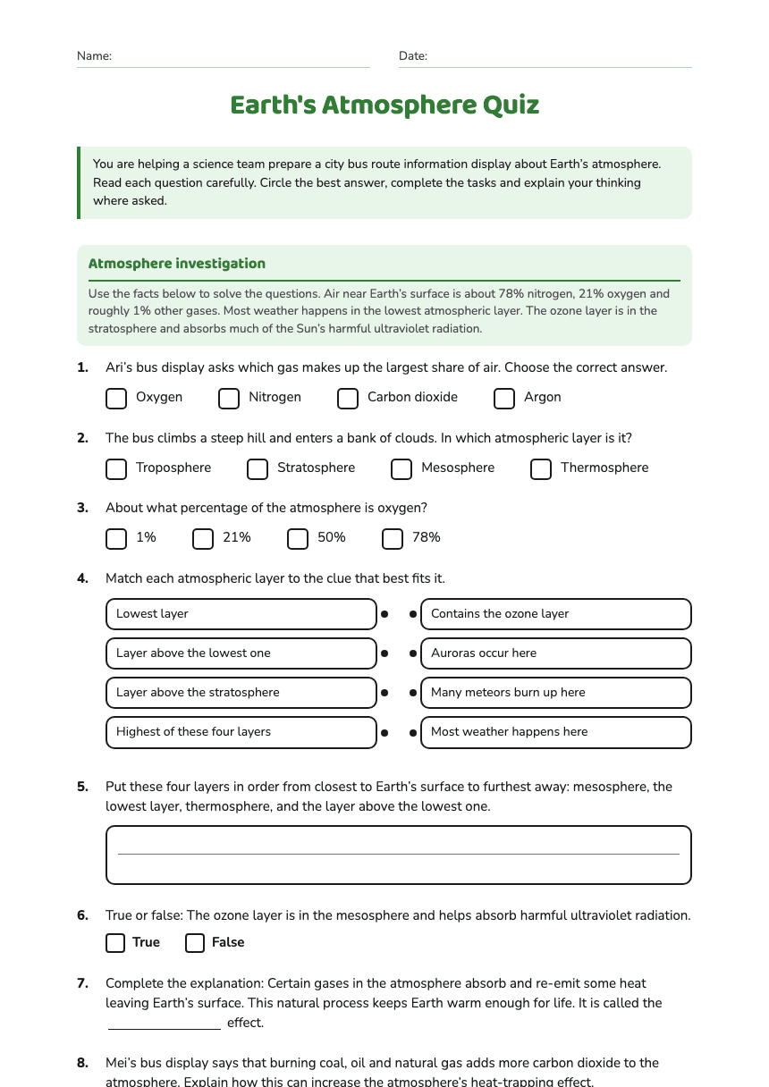 Earth's Atmosphere Quiz worksheet preview