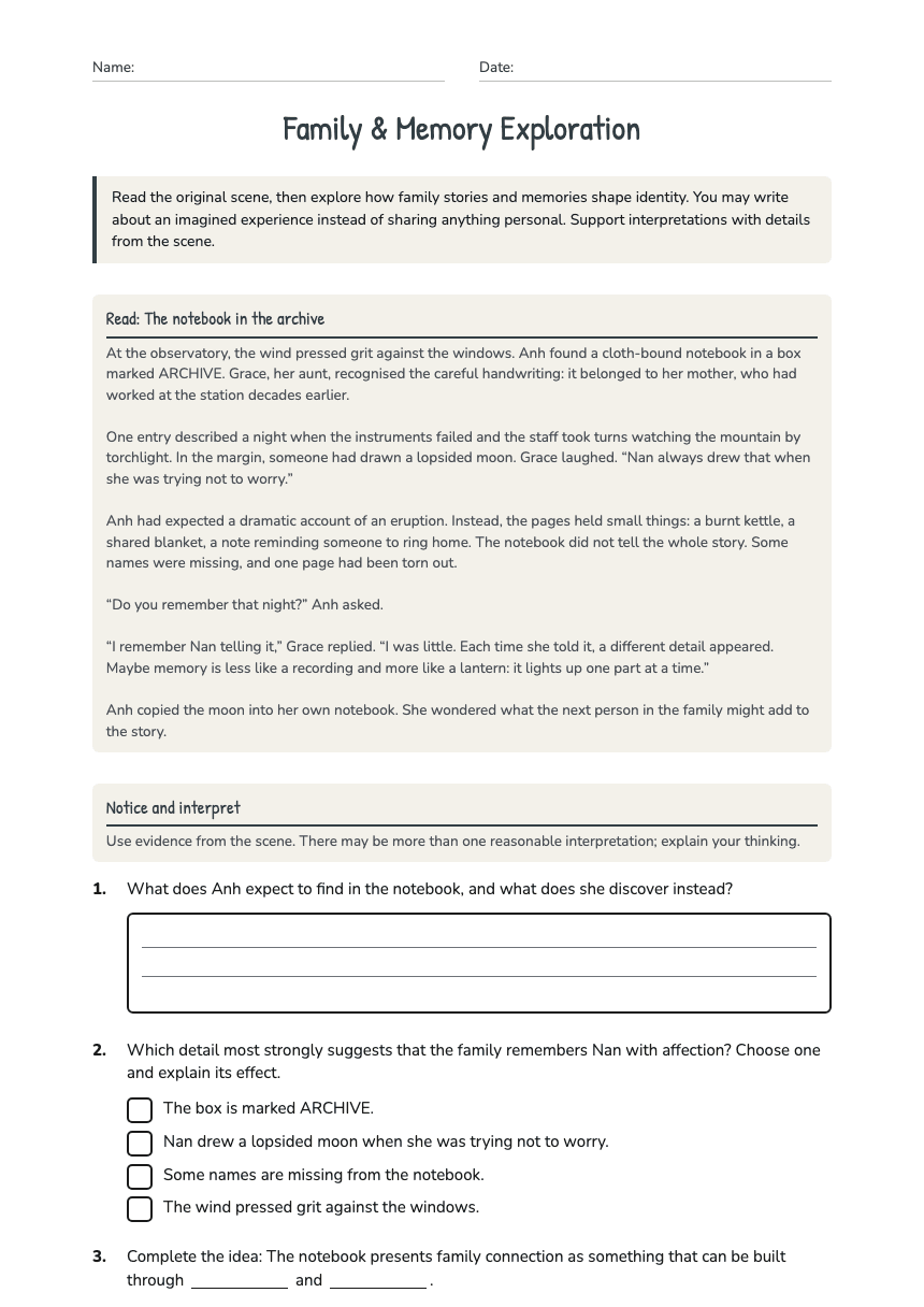Family & Memory Exploration worksheet preview