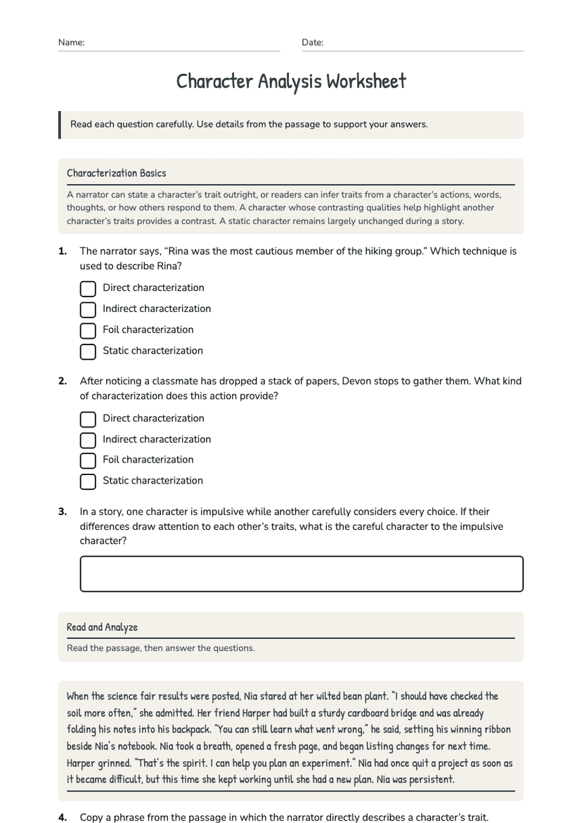 Character Analysis Worksheet