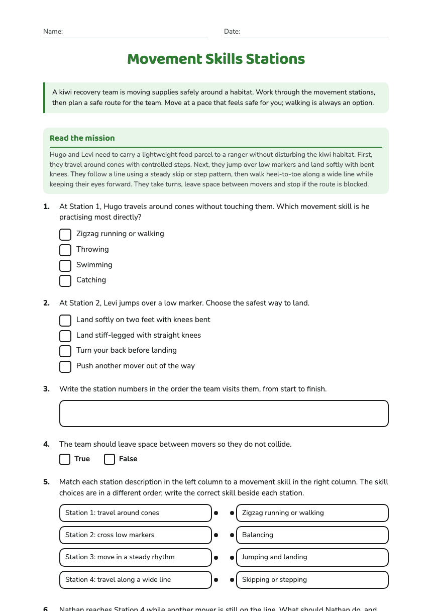 Movement Skills Stations worksheet preview