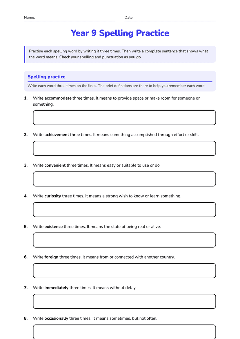 Year 9 Spelling Practice
