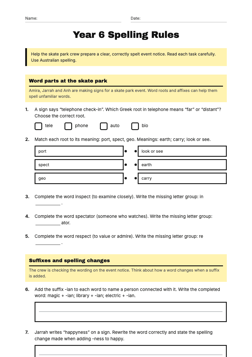 Year 6 Spelling Rules worksheet preview