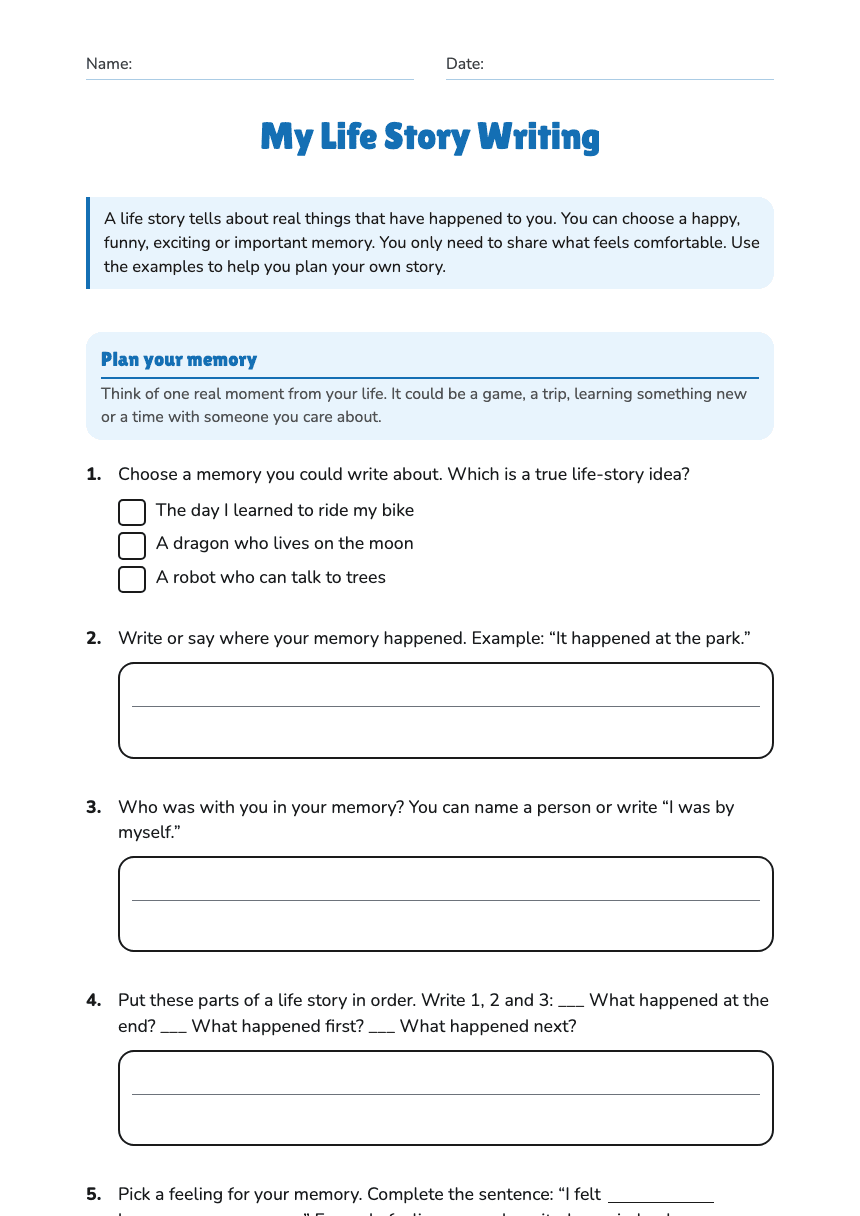 My Life Story Writing worksheet preview