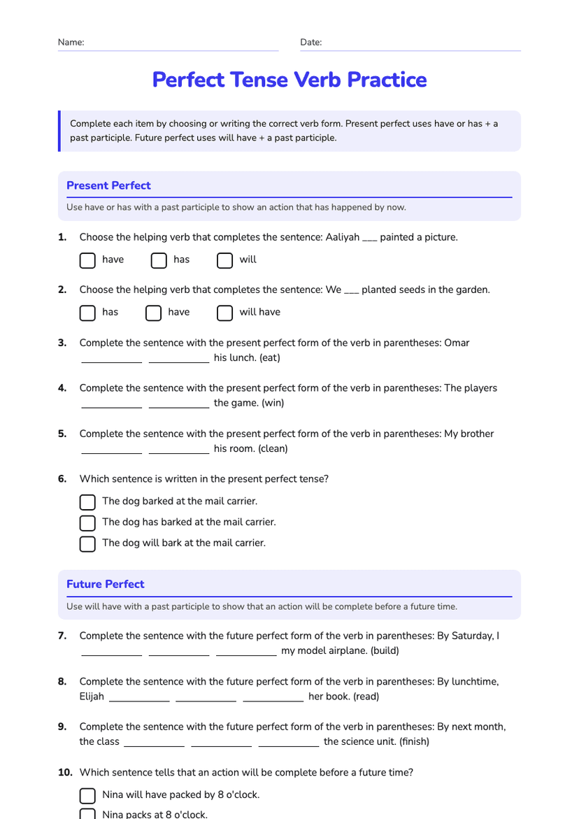 Perfect Tense Verb Practice