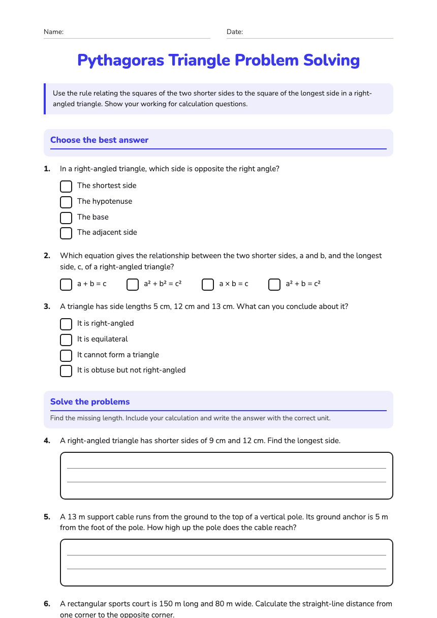 Pythagoras Triangle Problem Solving worksheet preview