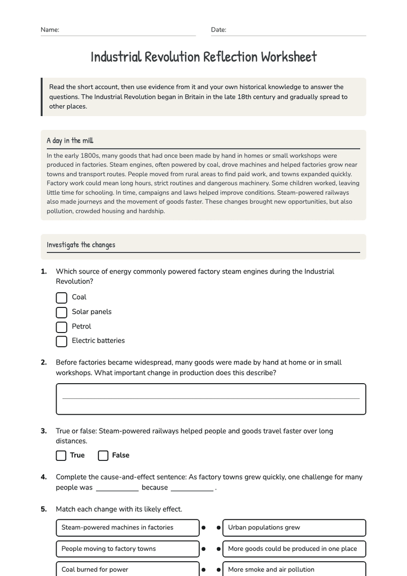 Industrial Revolution Reflection Worksheet