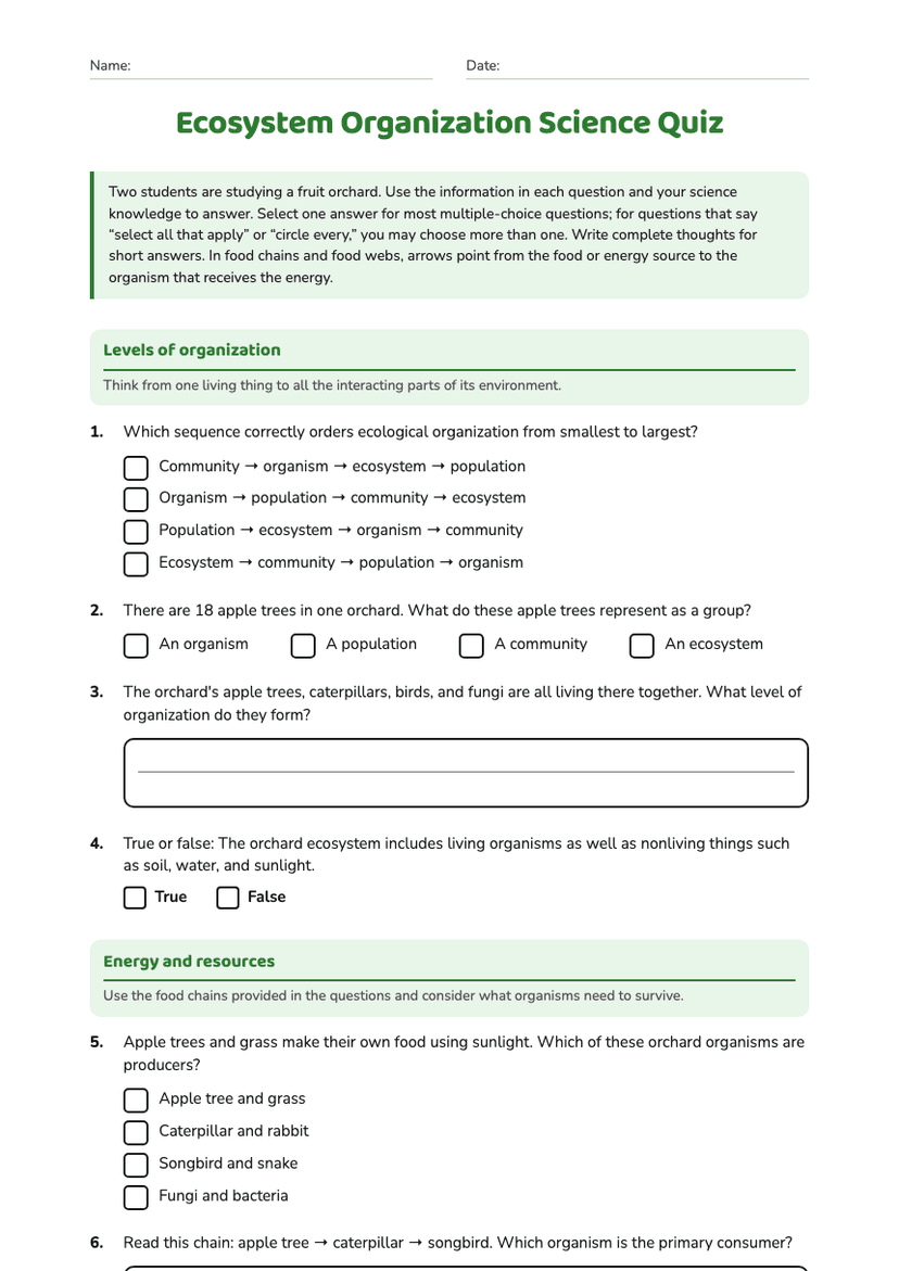 Ecosystem Organization Science Quiz