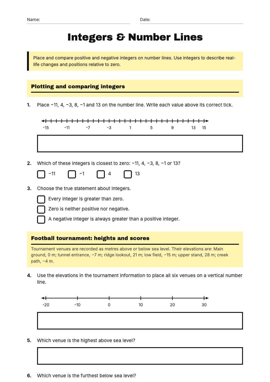 Integers & Number Lines worksheet preview