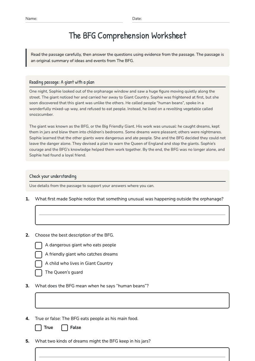 The BFG Comprehension Worksheet worksheet preview