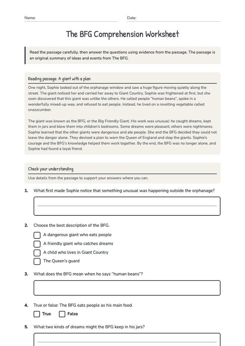 The BFG Comprehension Worksheet