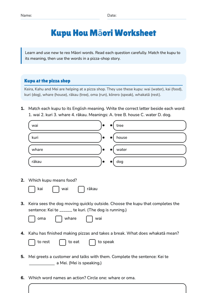 Kupu Hou Māori Worksheet
