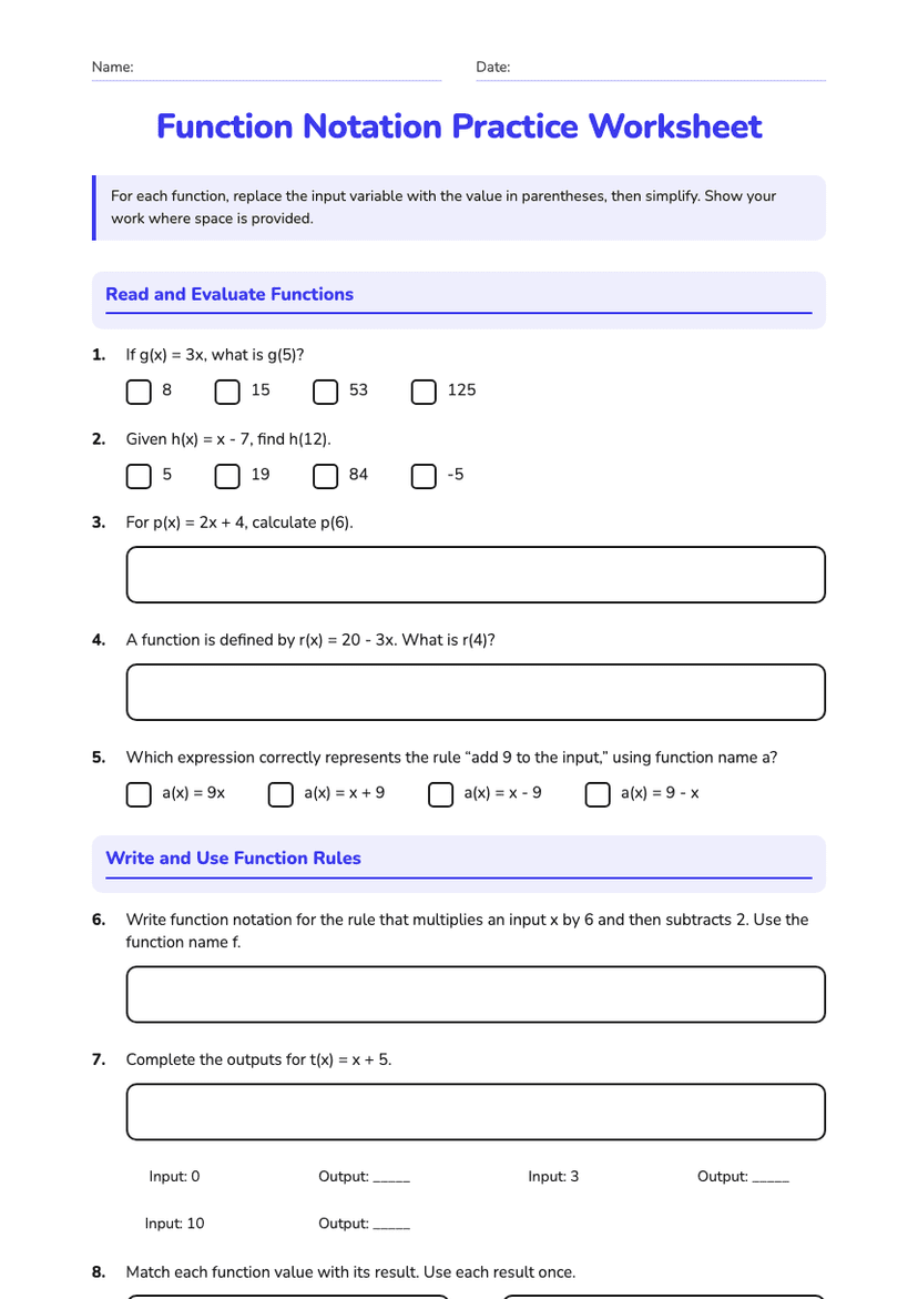 Function Notation Practice Worksheet