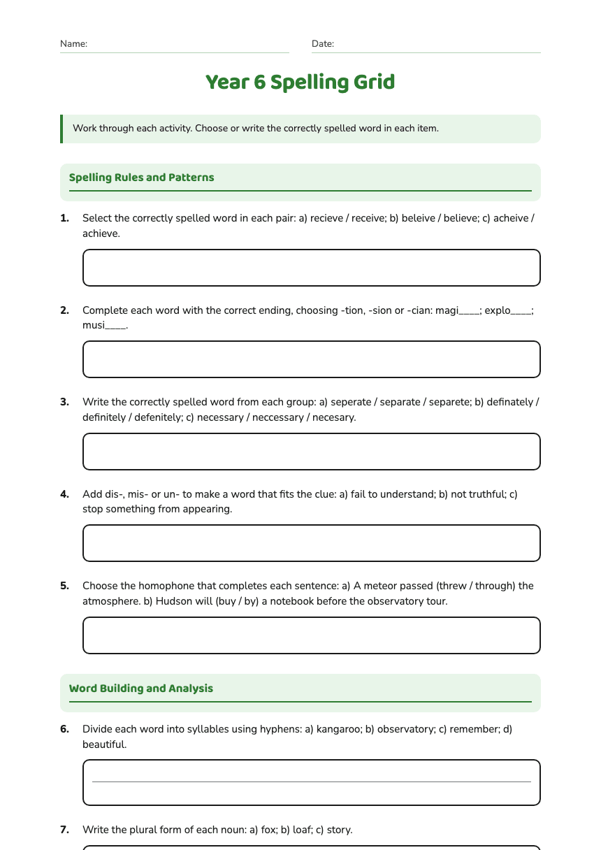 Year 6 Spelling Grid worksheet preview