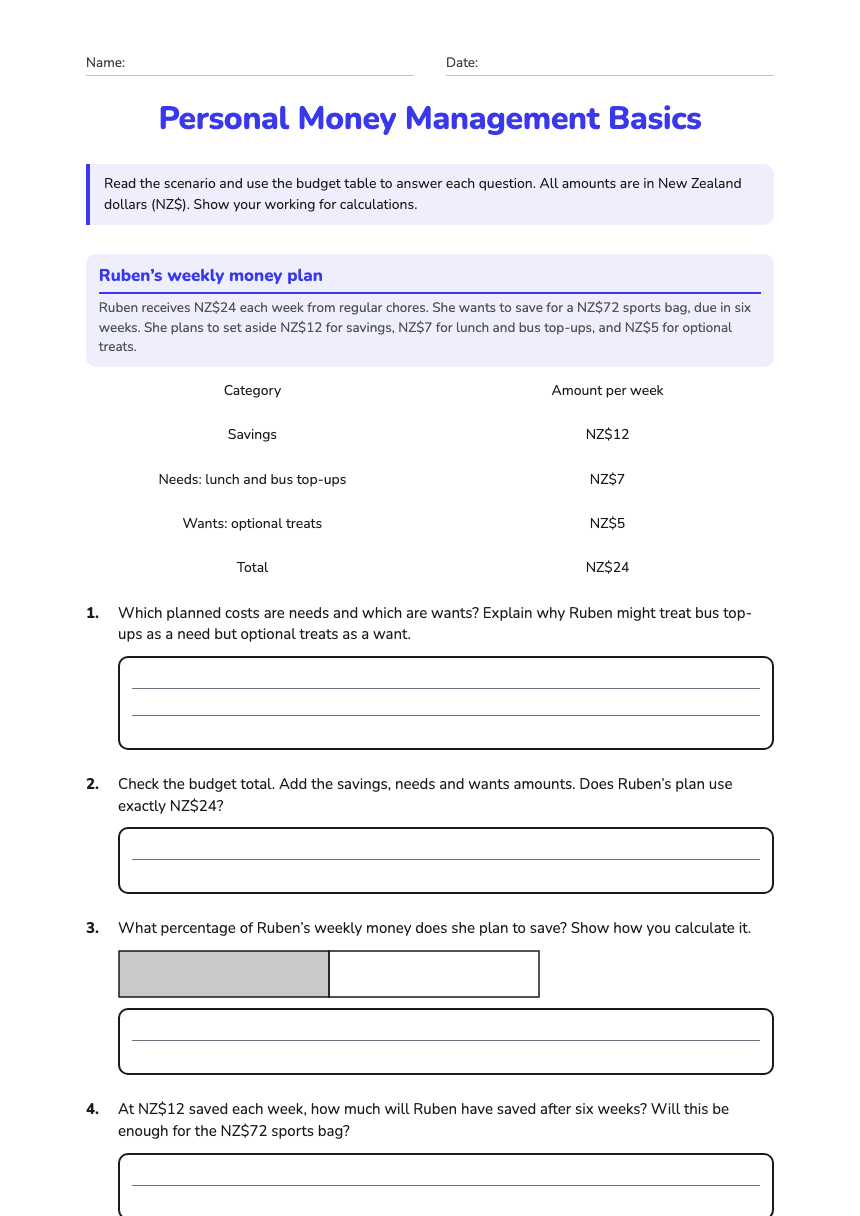 Personal Money Management Basics worksheet preview