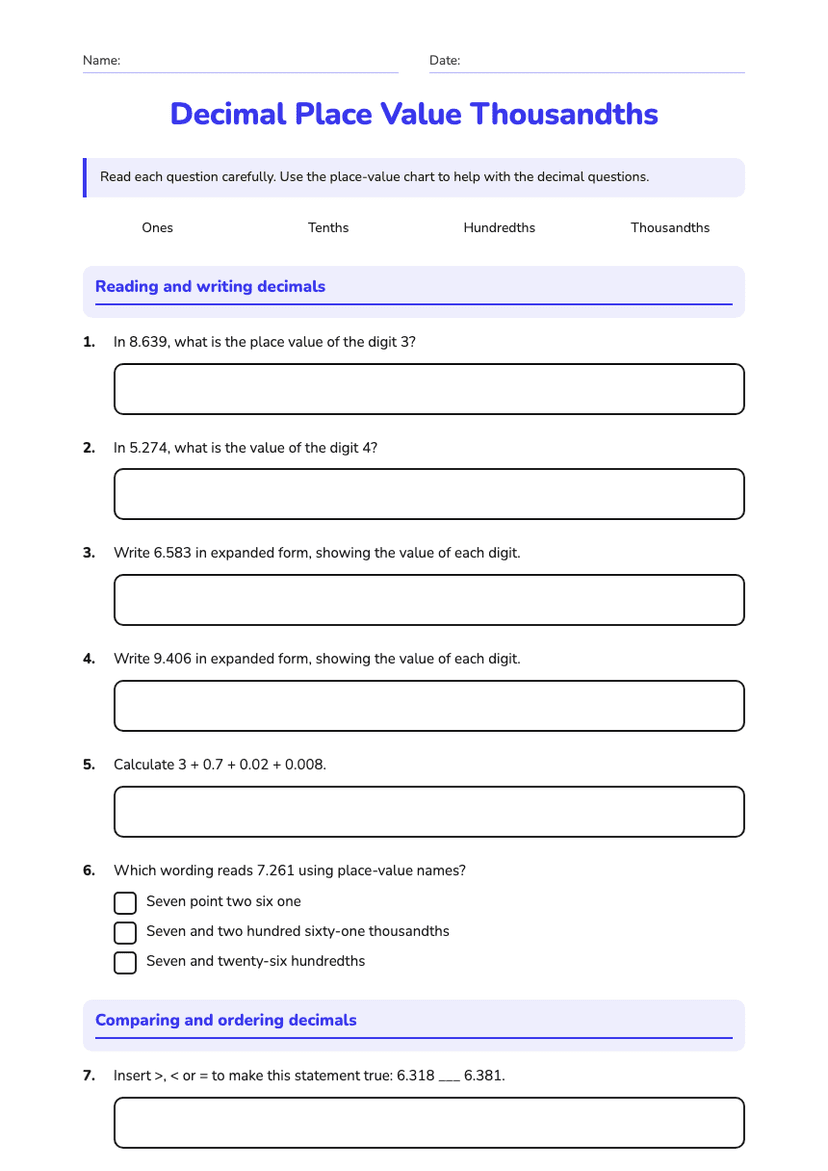 Decimal Place Value Thousandths