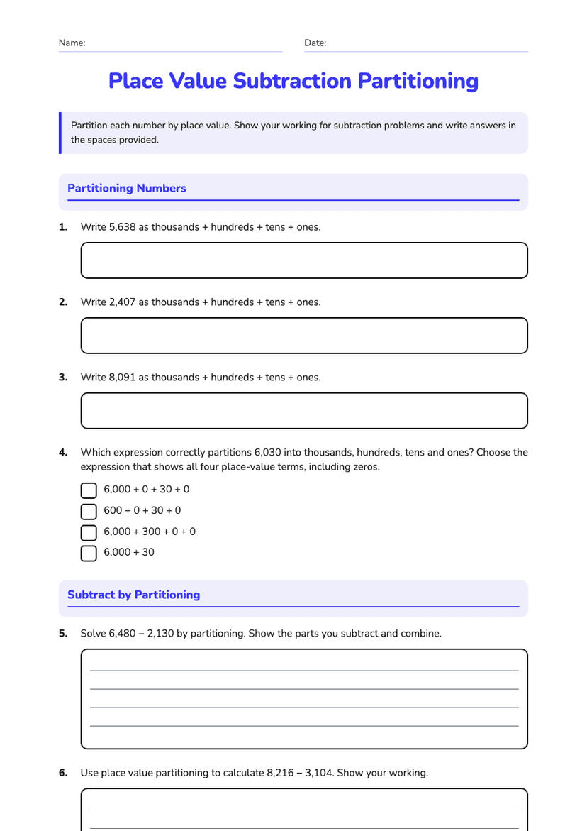 Place Value Subtraction Partitioning