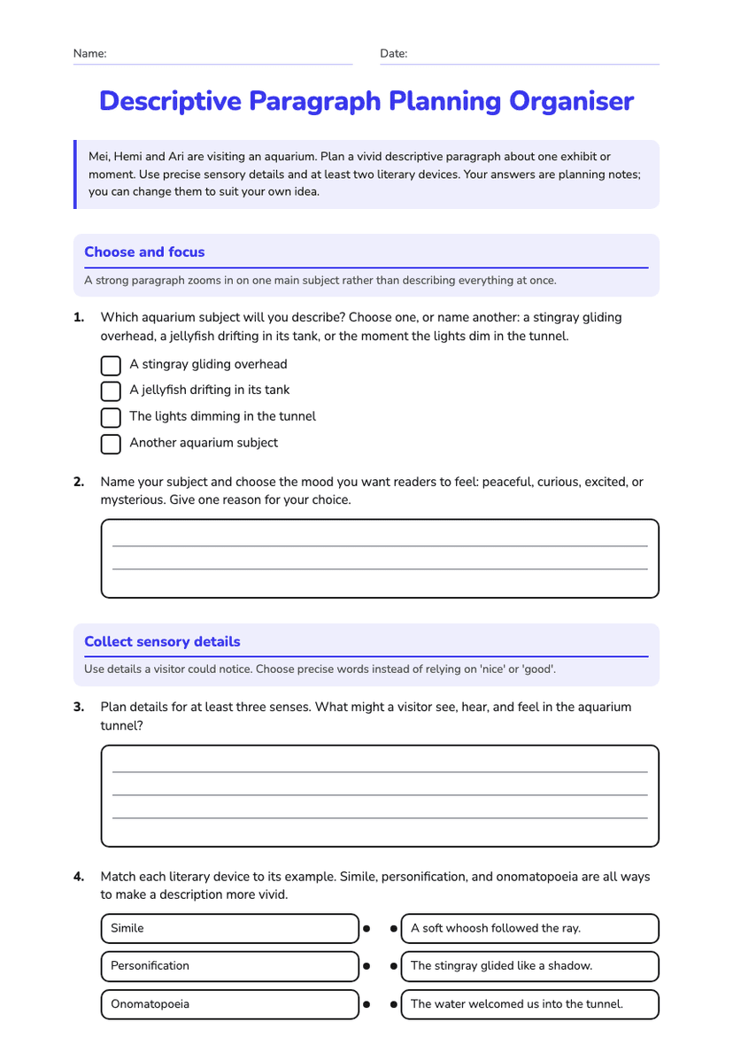 Descriptive Paragraph Planning Organiser