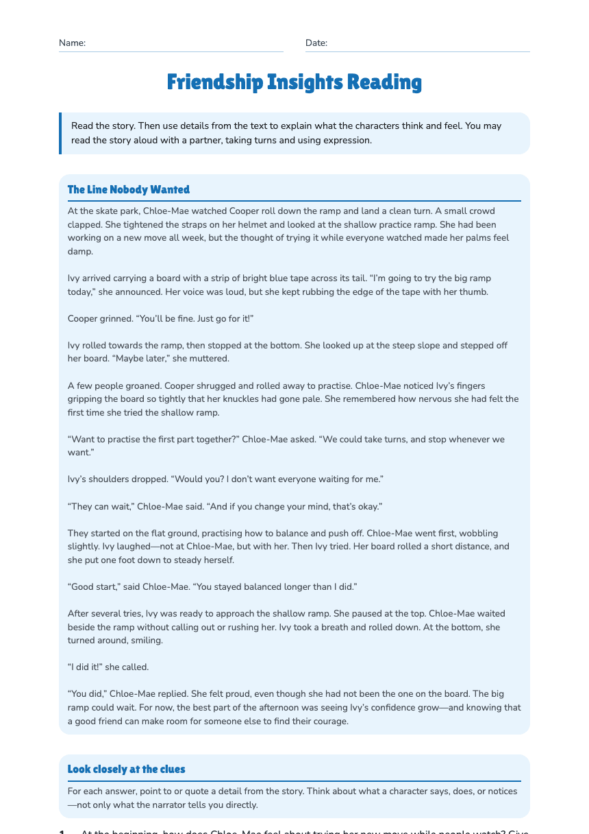 Friendship Insights Reading worksheet preview