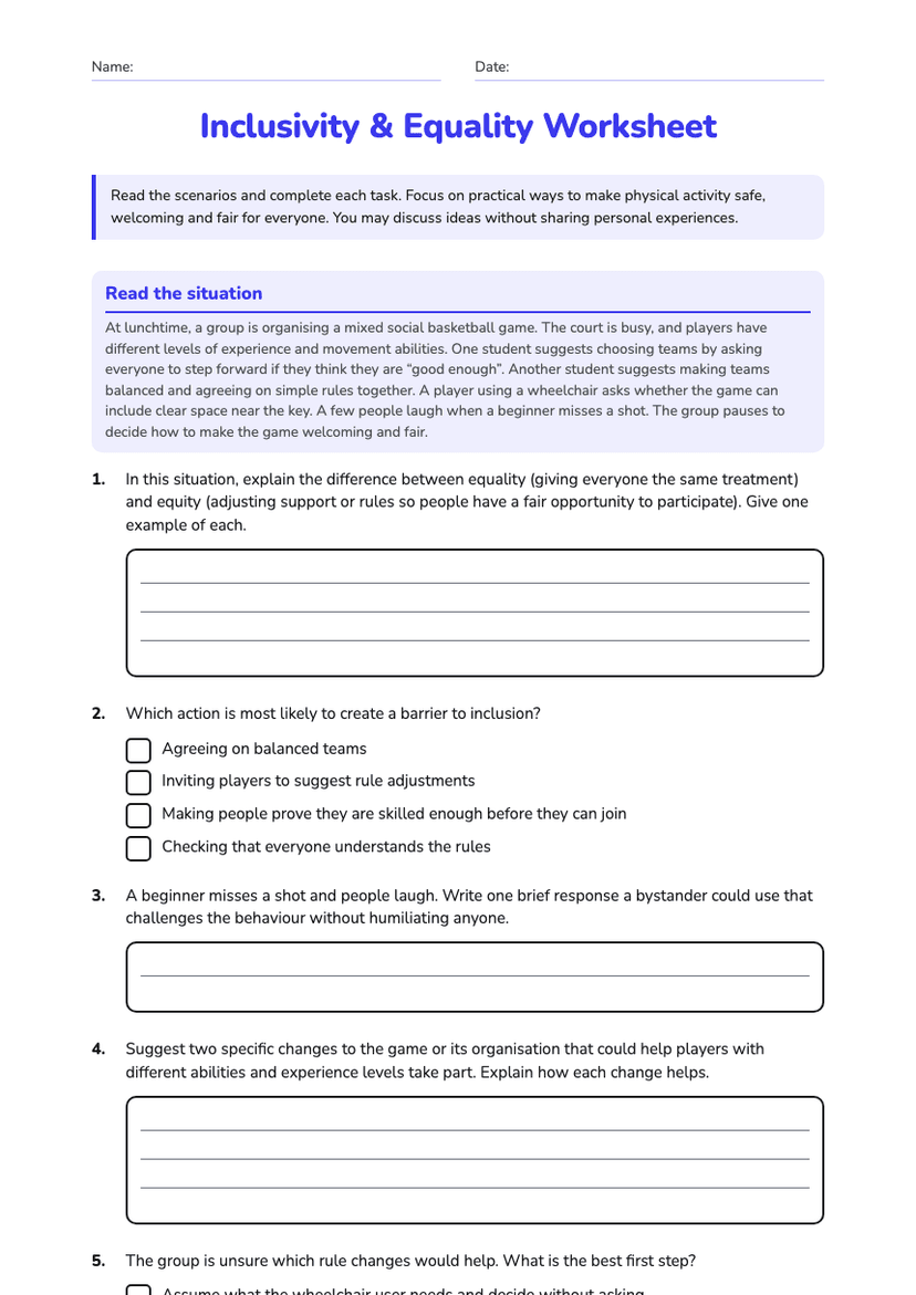 Inclusivity & Equality Worksheet