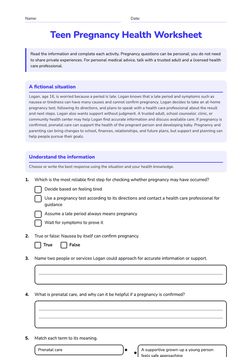 Teen Pregnancy Health Worksheet