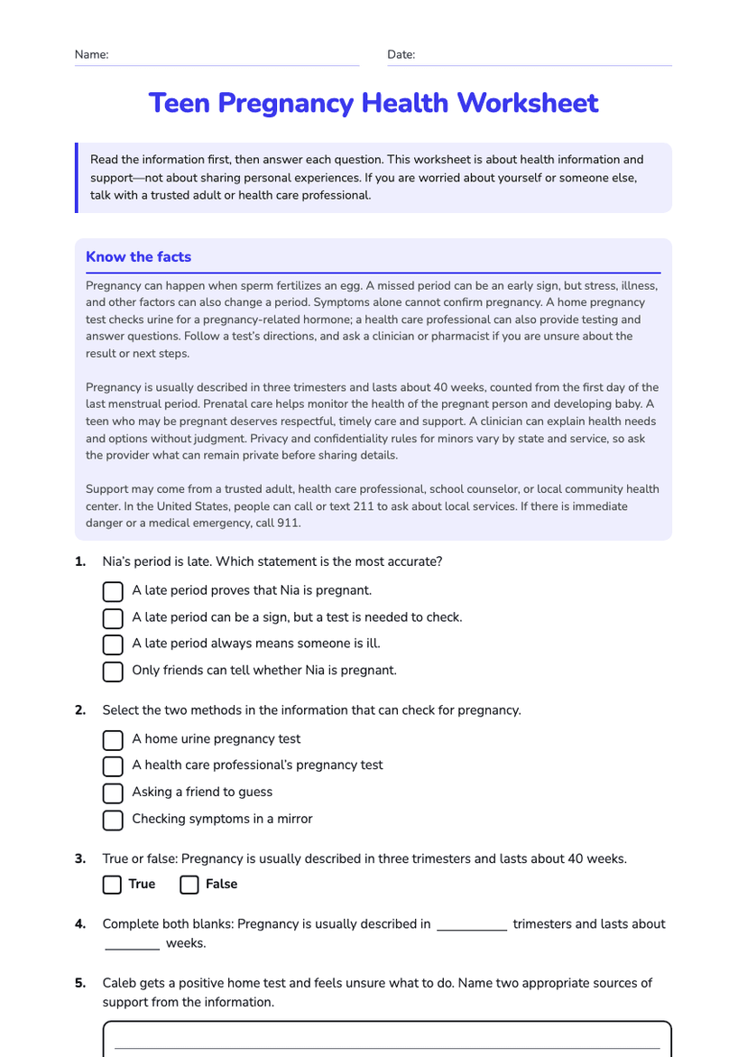 Teen Pregnancy Health Worksheet
