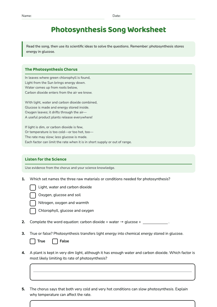 Photosynthesis Song Worksheet worksheet preview