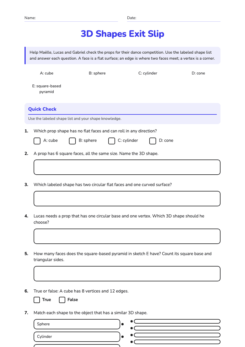 3D Shapes Exit Slip worksheet preview