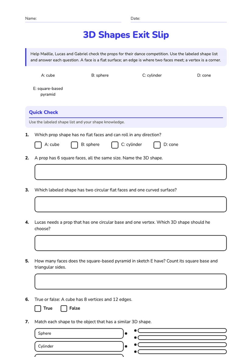 3D Shapes Exit Slip